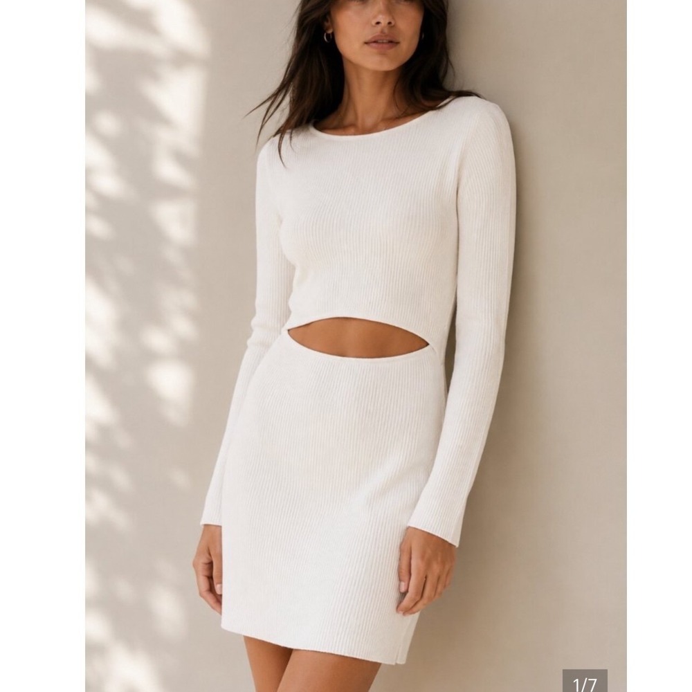 Wilfred Aritzia Ribbed Knit Cutout Long Sleeve Mini Dress Cream Off White Small
